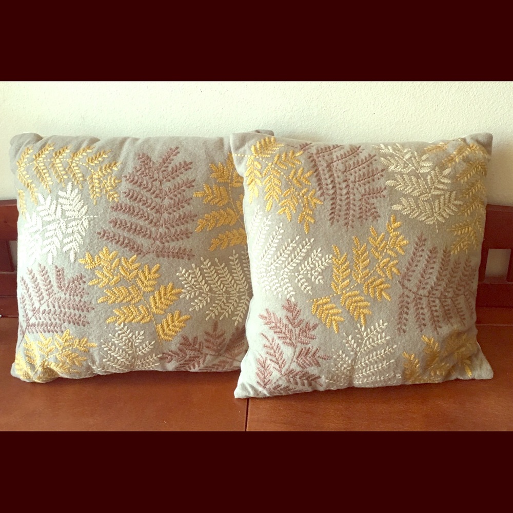 2 Floral Embroidered Accent Pillows Yellow Brown